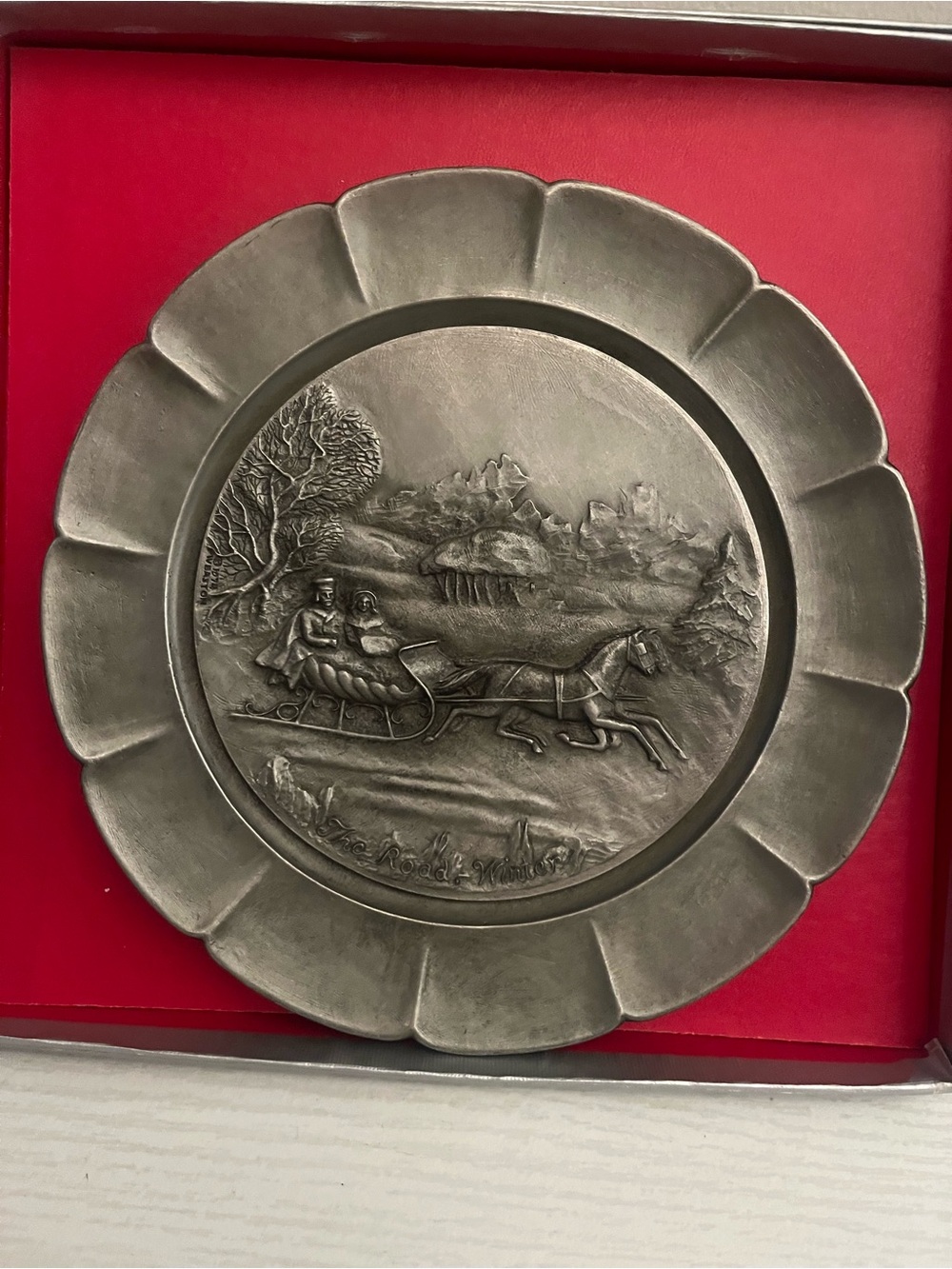 Currier & Ives Pewter Wall Plate Titled “The Road Winter” 1st in series 1974